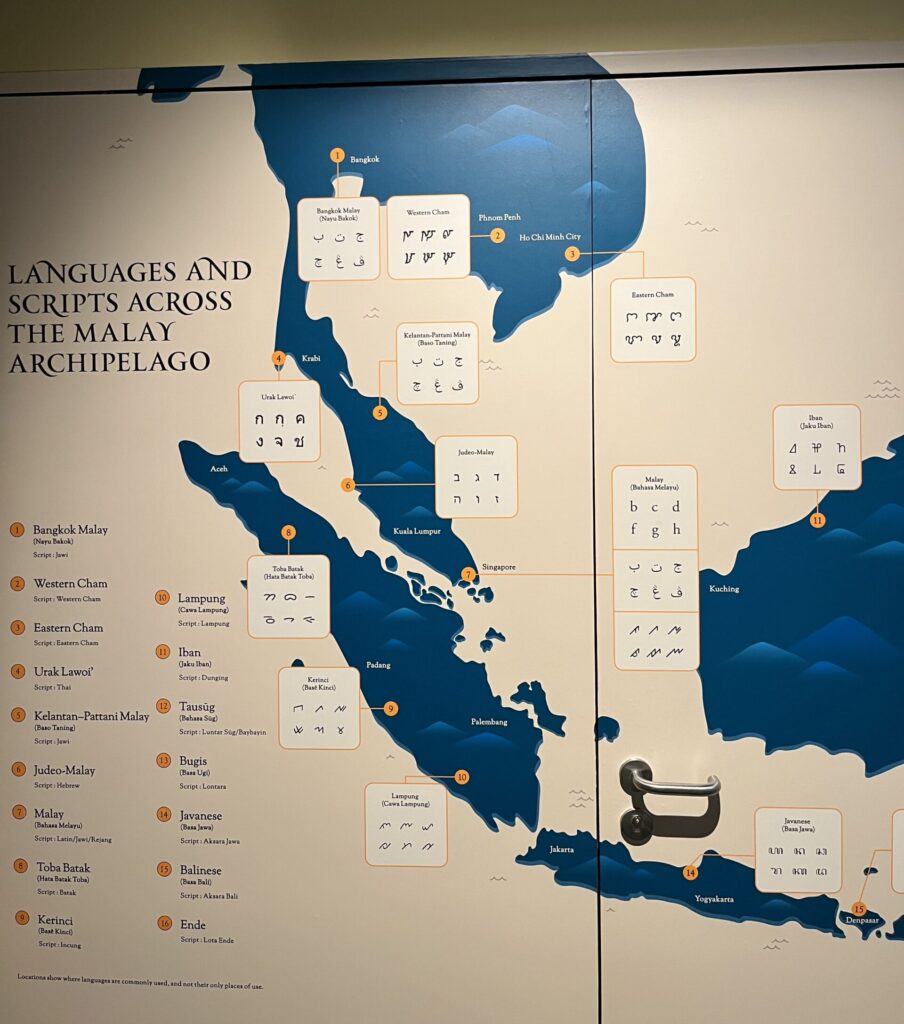 A map of languages and written scripts found in the Malay Archipelago.